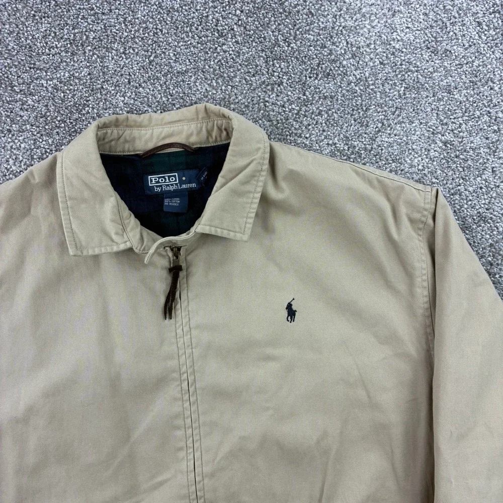 Vintage Polo Ralph Lauren Harrington Jacket Mens M Beige Zip Flannel Bi Swing - Picture 2 of 6